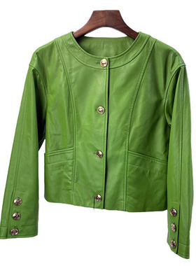 高定头层绵羊皮外套时尚圆领春秋新款海宁真皮皮衣女长袖短款宽松