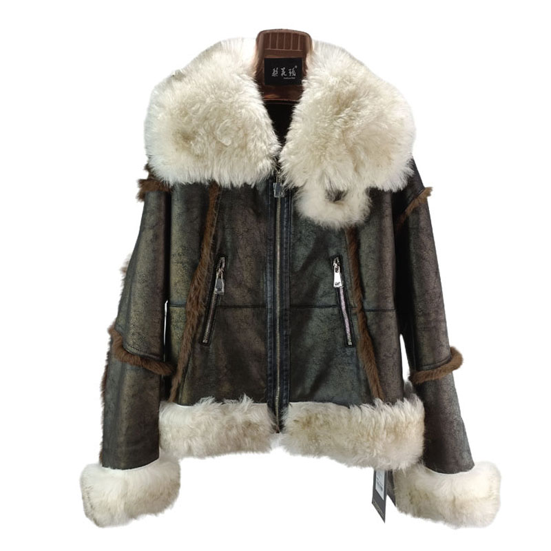 新款冬季撞色兔毛羊皮毛一体外套