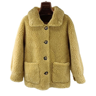 海宁2025新颗粒羊剪绒大衣女短款翻领领复合皮毛一体皮草外套特价