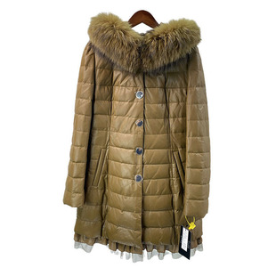 冬季海宁真皮羽绒服女中长款修身连帽绵羊皮皮草外套貉子毛领 V60