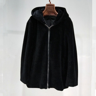 新海宁真羊毛羊剪绒大衣皮草男士 羊羔毛皮毛一体外套连帽潮 中长款