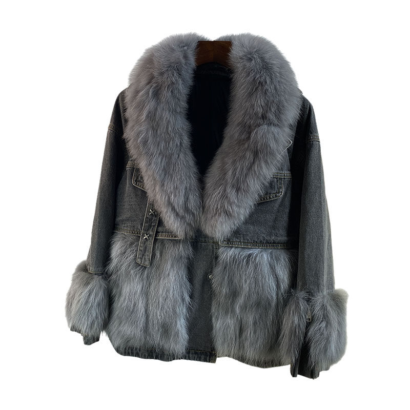牛仔羽绒派克服冬新可拆卸狐狸毛领皮草外套女显瘦年轻短款貉子毛,女装/女士精品,皮草,淘宝优惠券,粉丝福利购,淘宝优惠卷