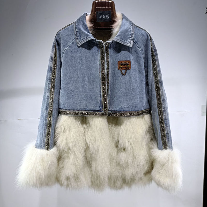 真狐狸毛皮草马甲夹牛仔外套