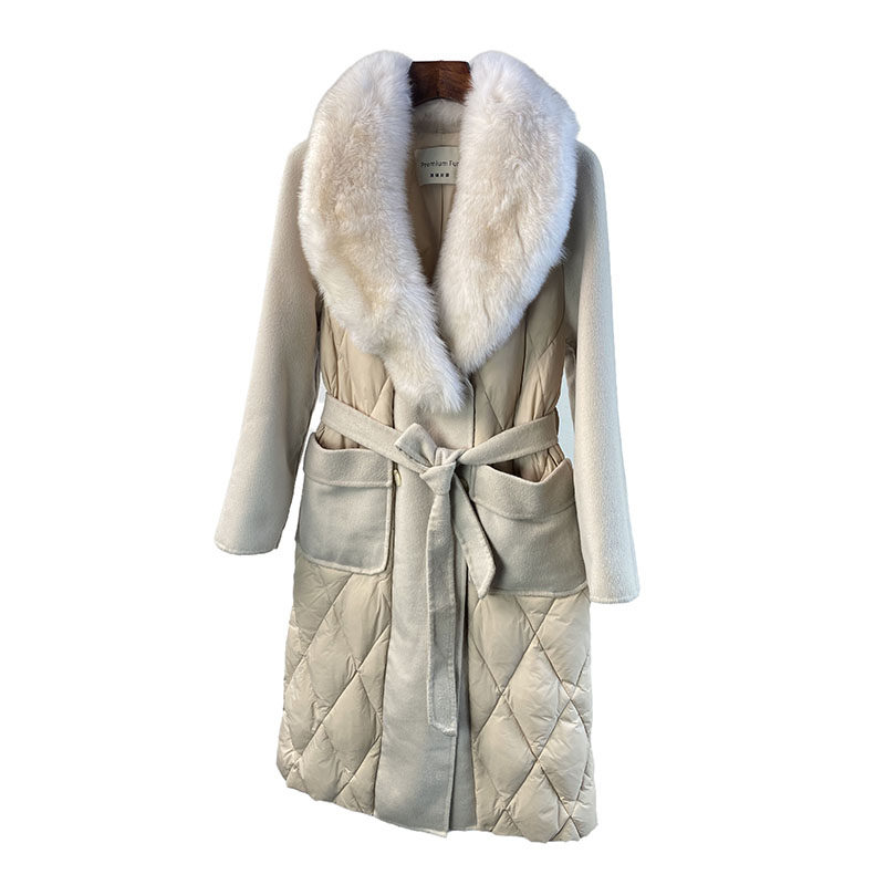 秋冬狐狸毛领皮草外套双面呢鹅绒