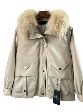 小个子短时尚新款獭兔绒内胆貉子毛领派克服女士宽松皮草外套k175