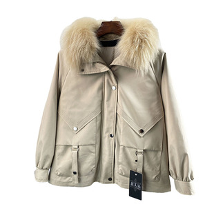 小个子短时尚新款獭兔绒内胆貉子毛领派克服女士宽松皮草外套k175