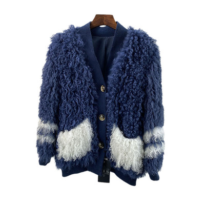 年轻秋冬羊卷毛车条编织皮草外套