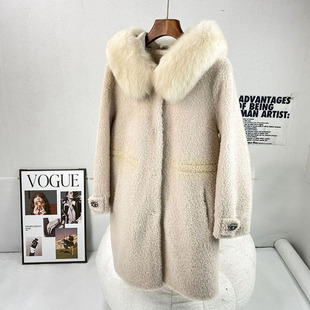 微瑕疵处理 连帽大衣 超大狐狸毛领皮草外套100%羊毛羊剪绒中长款