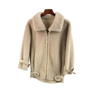 100%羊毛羊剪绒皮草外套 中长款修身大衣 九分袖翻领女款冬装特