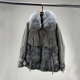 狐狸毛牛仔皮草外套女短款貉子毛冬海宁新款时尚年轻宽松羽绒服厚