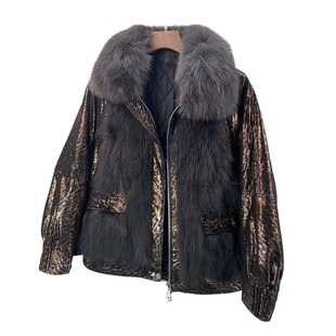 新款海宁绵羊皮羽绒服真皮皮衣女短款修身皮草狐狸大毛领外套豹纹