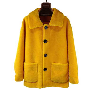 宽松100%羊毛羊剪绒短款皮草外套