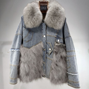 白鸭绒牛仔派克服女中长款貉子毛外套狐狸毛领减龄年轻皮草女宽松