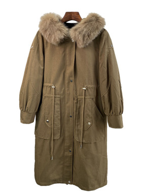 工装狐狸毛领皮草外套可拆卸兔毛皮毛一体内胆中长连帽派克服k112