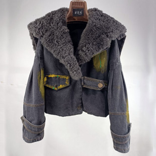 托斯卡纳羊毛领短款牛仔派克服白鸭羽绒服女新款欧货海宁皮草外套