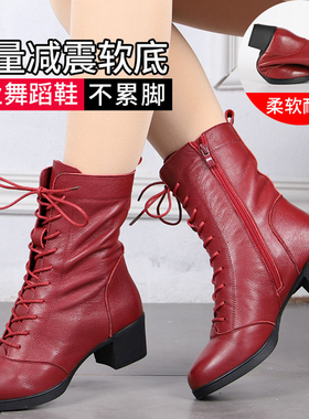 春秋季水兵舞鞋女软底中跟舞蹈鞋连底高帮舞靴成人软皮广场跳舞鞋