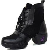 舞蹈靴 现代广场舞蹈鞋 舞蹈鞋 女士春秋真皮软底网布透气增高跳舞鞋