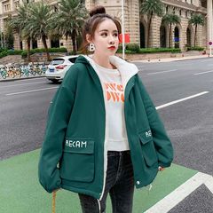 时尚工装棉服女新款韩版宽松初中高中学生冬季百搭加绒加厚羊羔毛