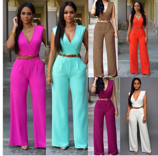 2022 Summer jumpsuit women wide leg pants V领连体裤含皮带女