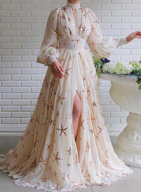 Sequin slit large hem formal dress chiffon dress女雪纺连衣裙