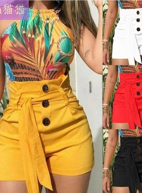 women summer High waist shorts fabric pants lady 女高腰短裤