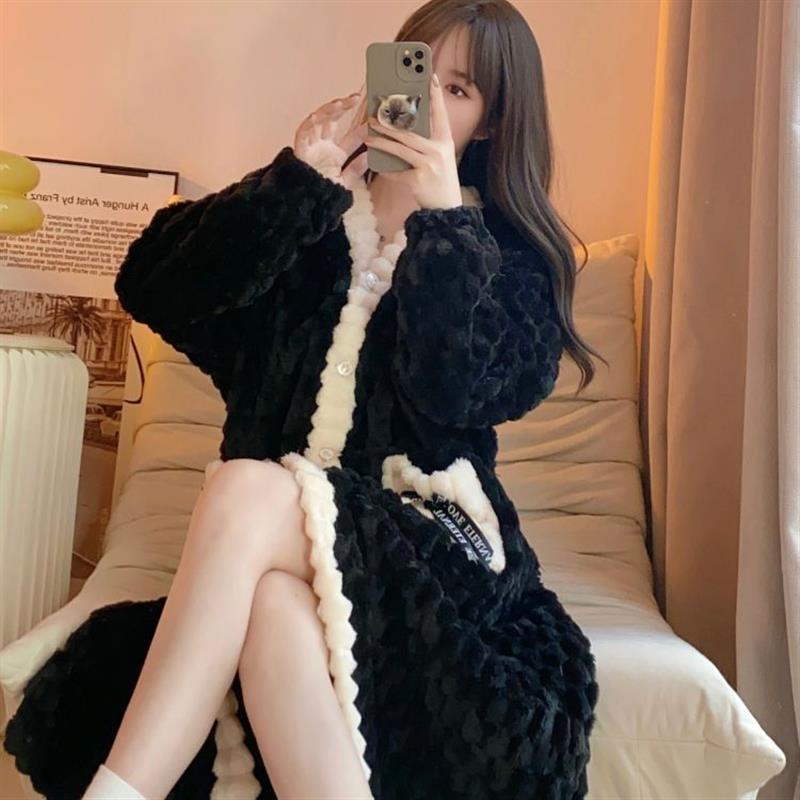 睡衣女秋冬季加厚睡袍长款法兰绒浴衣浴袍蝴蝶结保暖家居服