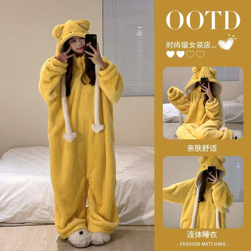 卡通百变小樱珊瑚绒连体睡衣女冬季新款少女保暖加厚一体式家居服