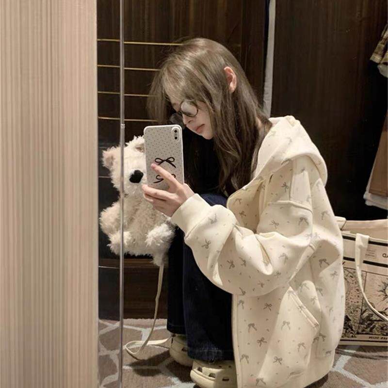 奶fufu学生连帽碎花卫衣外套女2025秋开衫拉炼宽松休闲学院风薄款