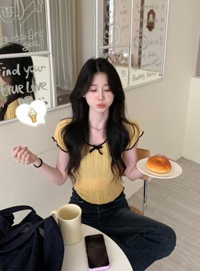 黄色镂空针织短袖T恤女夏季设计感蝴蝶结薄款修身短款甜辣妹上衣