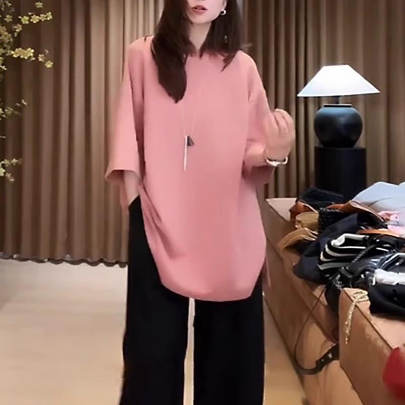 欧货大码女装胖mm别致宽松遮肉上衣侧边开叉巨好看显瘦中长款T恤