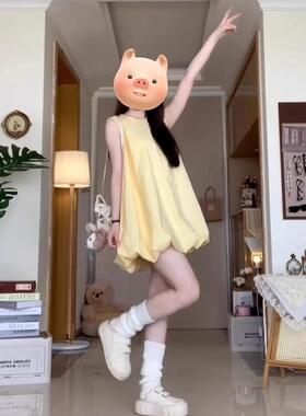黄色无袖背带吊带连衣裙子女2025夏季新款海边度假小个子花苞短裙