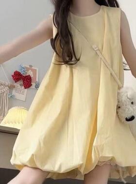奶黄色无袖背心花苞连衣裙女夏季新款小个子甜美度假风蓬蓬短裙子