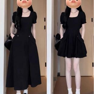 赫本风黑色方领短袖连衣裙女夏季法式高级感长裙收腰显瘦a字裙子