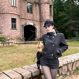 港味秋冬羊毛混纺毛呢拼接毛毛双排扣立领上衣外套辣妹短裤 女 套装