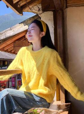 温柔风韩系黄色套头长袖针织衫女秋冬穿搭奶fufu宽松软糯毛衣上衣