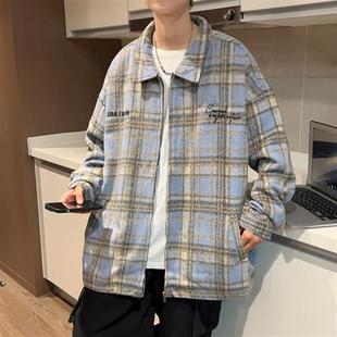 格纹衬衫 港风潮牌毛呢格子刺绣外套男秋冬季 拉链宽松情侣翻领夹克