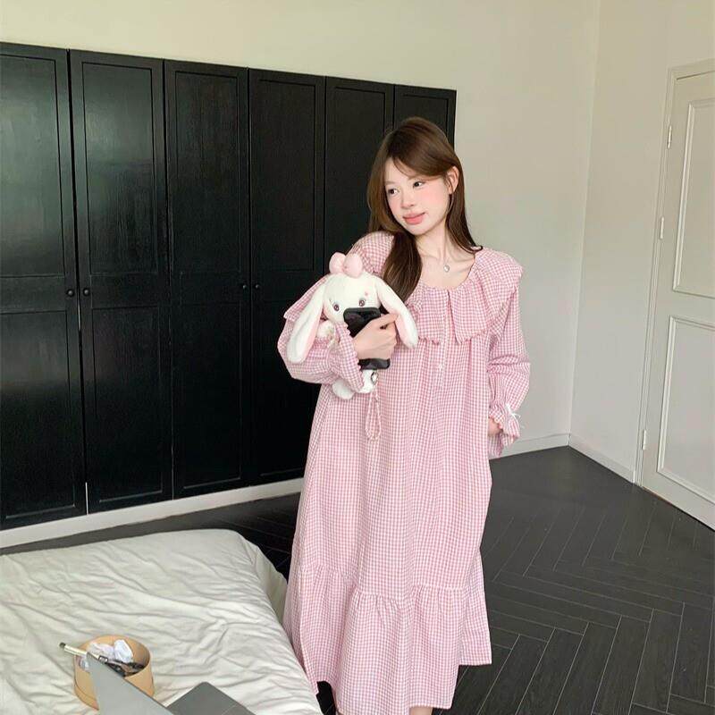 港味秋季新款韩系甜美小方格刺绣花边大翻领家居服睡衣睡裙套装