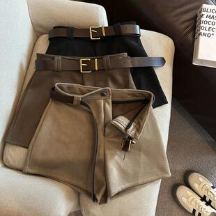 美拉德复古仿麂皮绒短裤女秋冬季辣妹高腰外穿a字打底靴裤配腰带