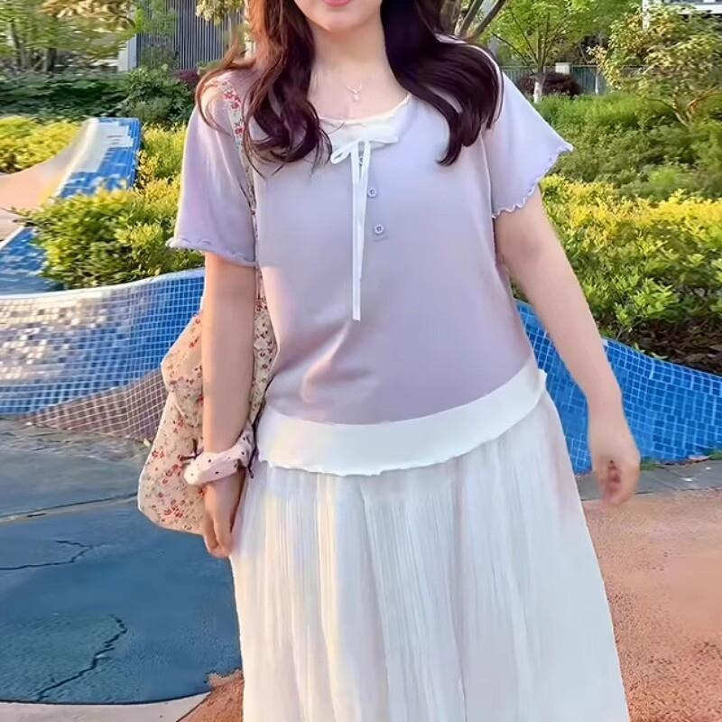 胖MM大码女装宽松甜美上衣2025新款减龄假两件撞色木耳边短袖T恤