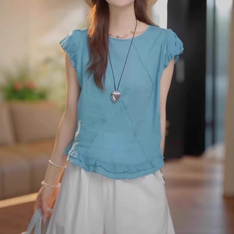 大码女装2025新款夏独特气质小衫上衣胖MM法式下摆木耳边短袖衬衫