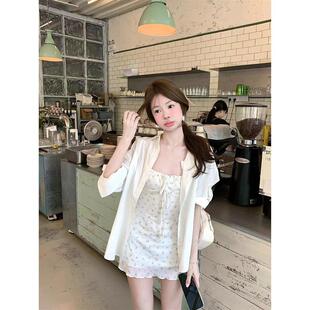 法式白色bm碎花吊带连衣裙女夏季甜辣收腰系带裙子小个子a字短裙
