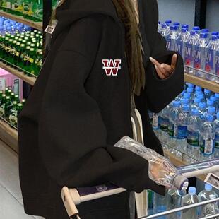 美式复古字母连帽卫衣开衫秋冬款慵懒风外套ins潮原宿港风女上衣
