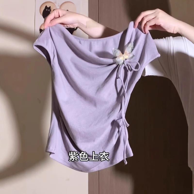 大码紫色蝴蝶结绑带短袖T恤女夏季新款胖mm收腰显瘦气质掐腰上衣