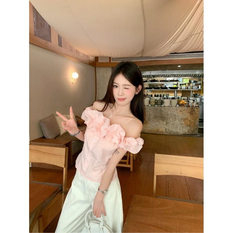 法式粉色花苞领一字肩衬衫女夏季设计感绝美收腰衬衣短款气质上衣