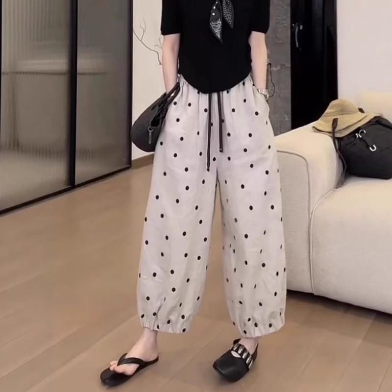 胖MM大码女装薄款宽松九分哈伦奶奶裤2025新款波点亚麻阔腿气球裤