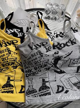 美式甜辣妹黄色小吊带肩带胸垫女夏季黑色外穿内搭短款无袖上衣