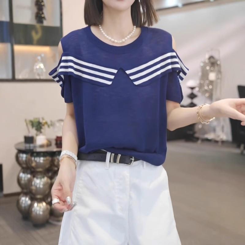 大尺码法式条纹镂空针织衫女夏季新款胖mm遮肚藏肉宽松减龄短袖上