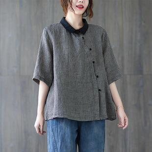格子衬衫 2024夏季 时尚 宽松大码 女复古气质斜襟单排扣棉麻衬衣 新款