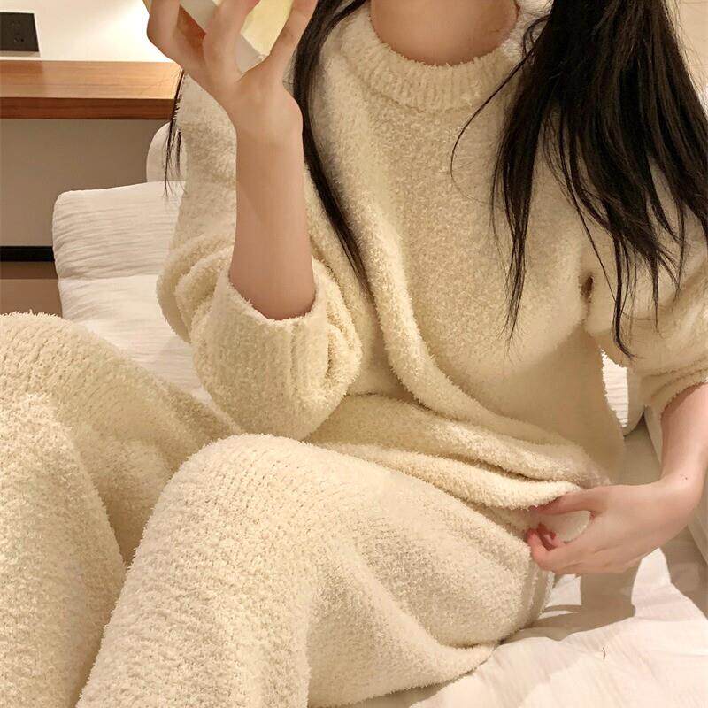 港味秋季新款  纯色简约舒适圆领半边绒保暖家居服睡衣套装