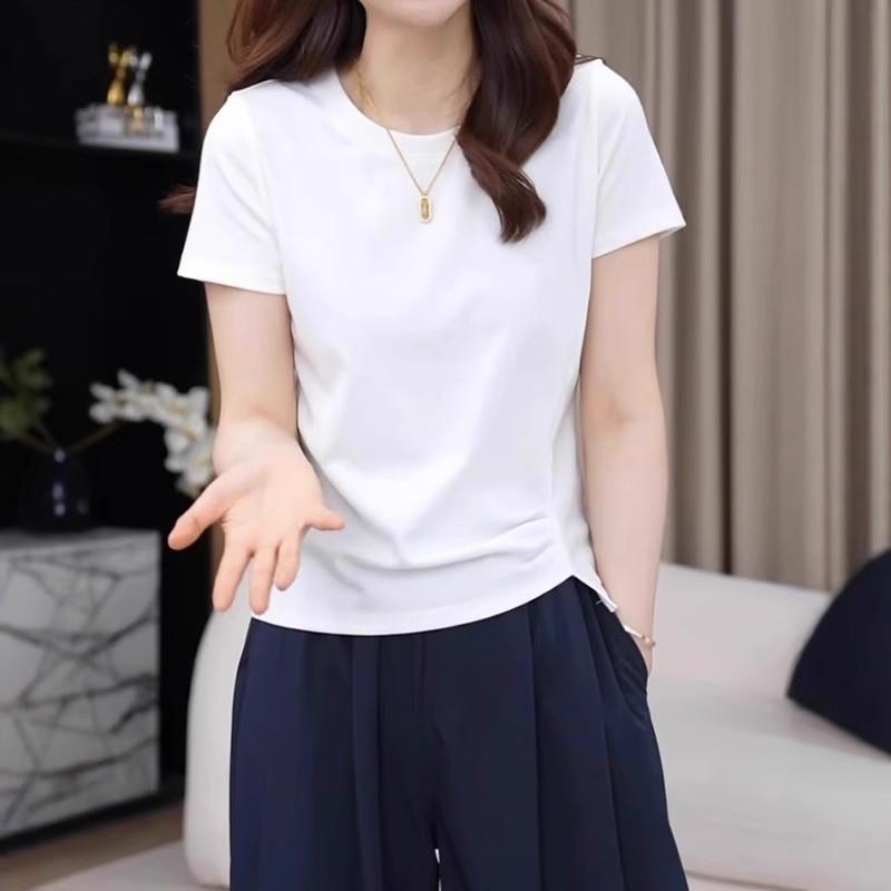 胖MM大码女装侧压褶显瘦休闲百搭上衣2025新款夏季正肩短袖t恤潮